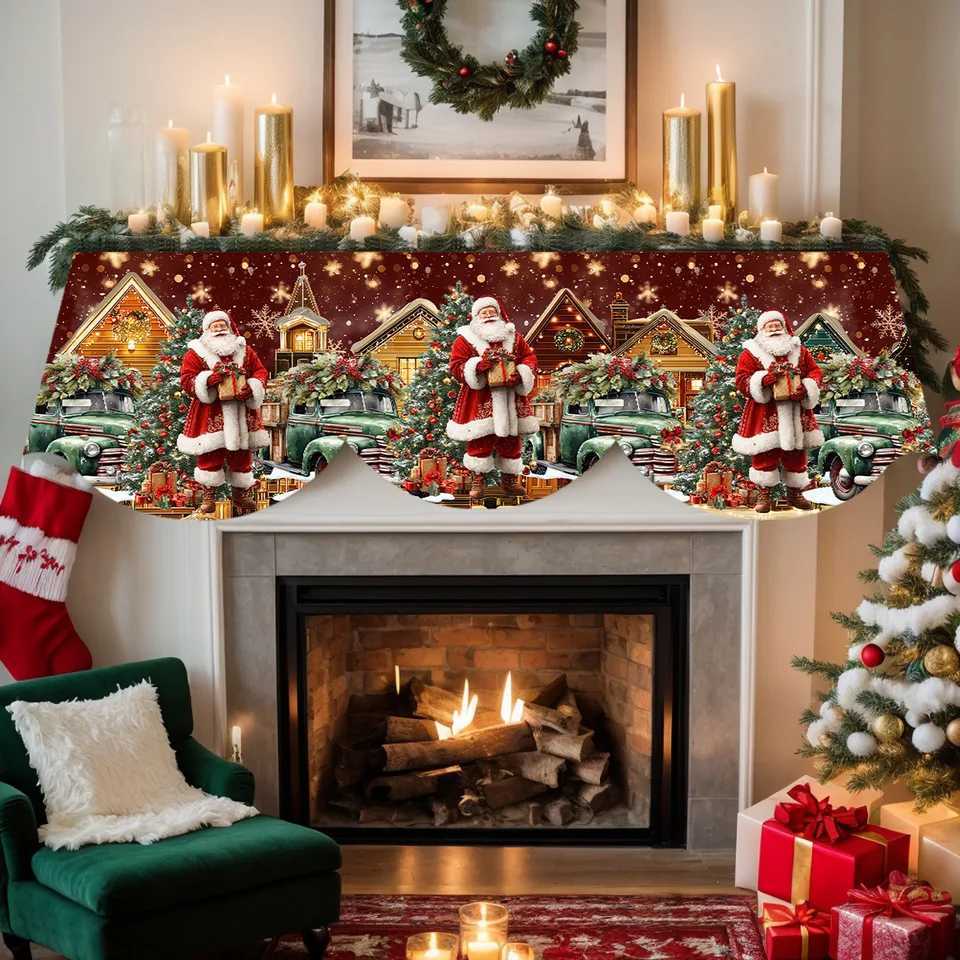 1 Piece Christmas Snow Scene Themed Fireplace Scarf with Santa Claus and Truck Gift Pattern Perfect for Holiday Home DecorationM251125