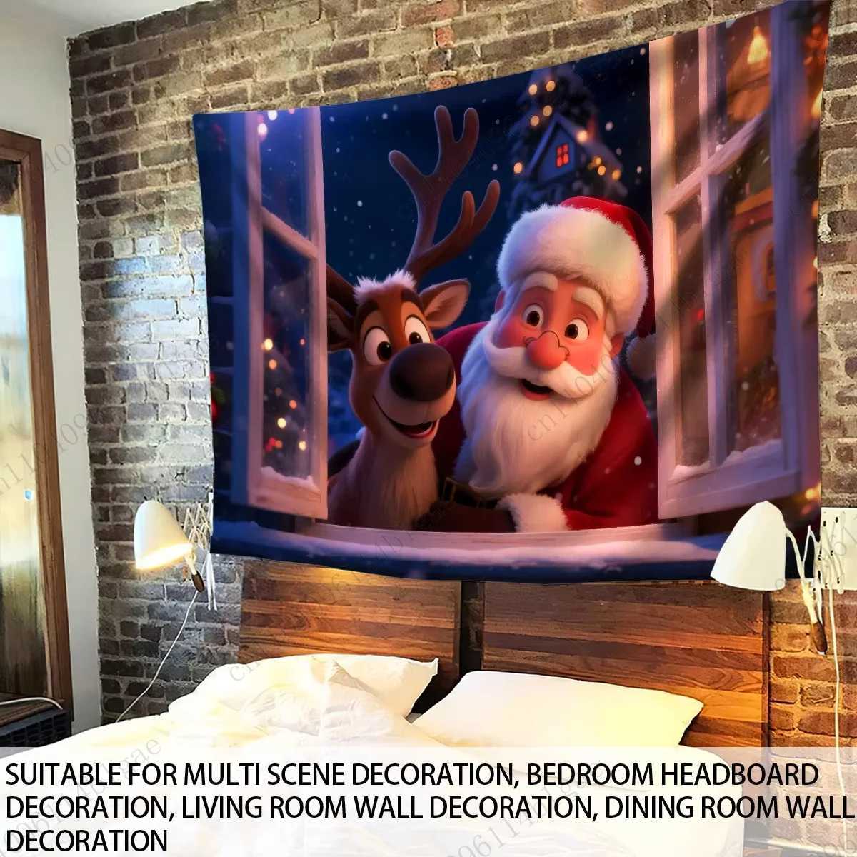 Enchanting Christmas Fantasy Tapestry - Magical Santa And Reindeer Window Moment Wall DecorM251125