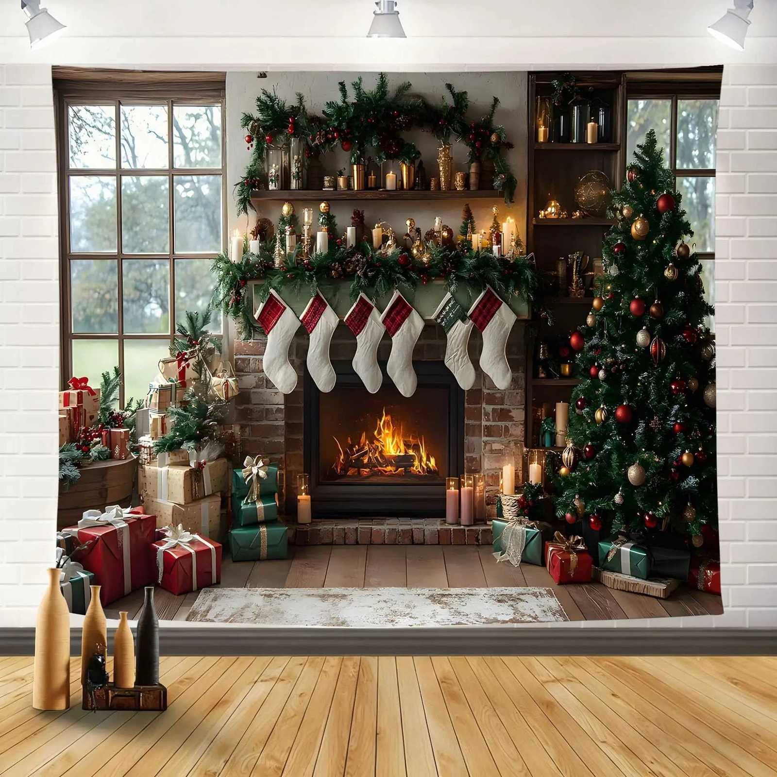Christmas Decoration Tapestry Tree and Fireplace Scene Hanging Cloth for Holiday Decorations Living Room New Year Home DecorM251125