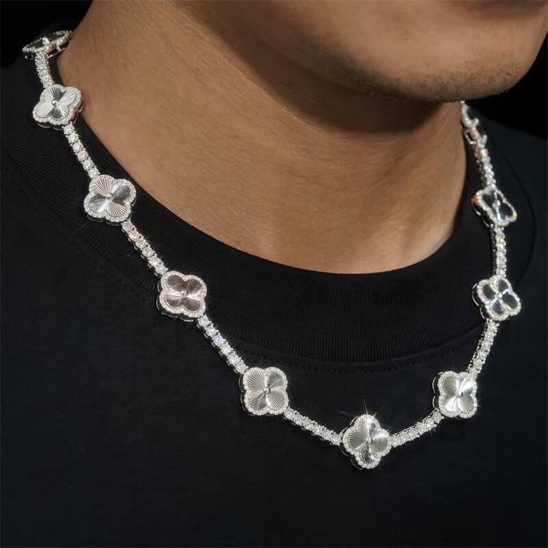 Stylish New Arrival 2024 3MM Clover Tennis Chain Necklace With Moissanite Diamond