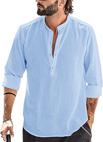 Casual mens loose shirt mens fashion stand collar cotton linen long sleeve color 2022