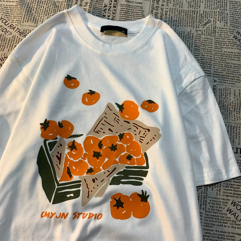 Original Box of Orange American Retro Fun Print Mens and Womens Loose Versatile BF Pure Cotton Couple Short sleeved Tshirt 250417