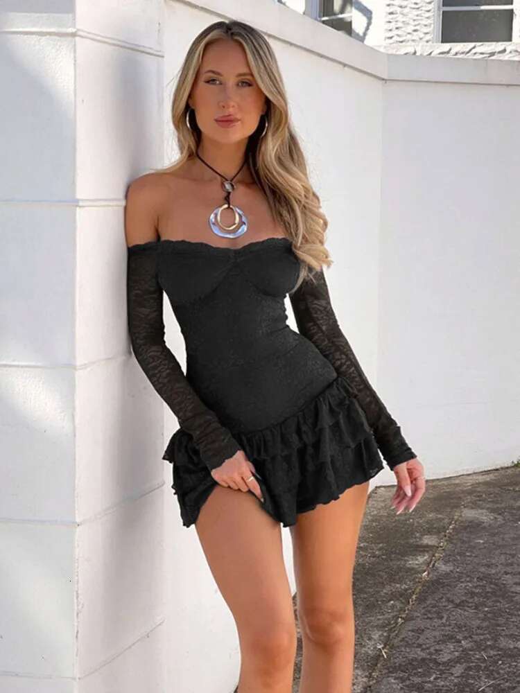 Dongdumaoyi Townlike Tierred Waist Wrap A Line Lace Dress Women Off Shoulder Mini Summer Strapless Nightclub Sexy Party Dresses