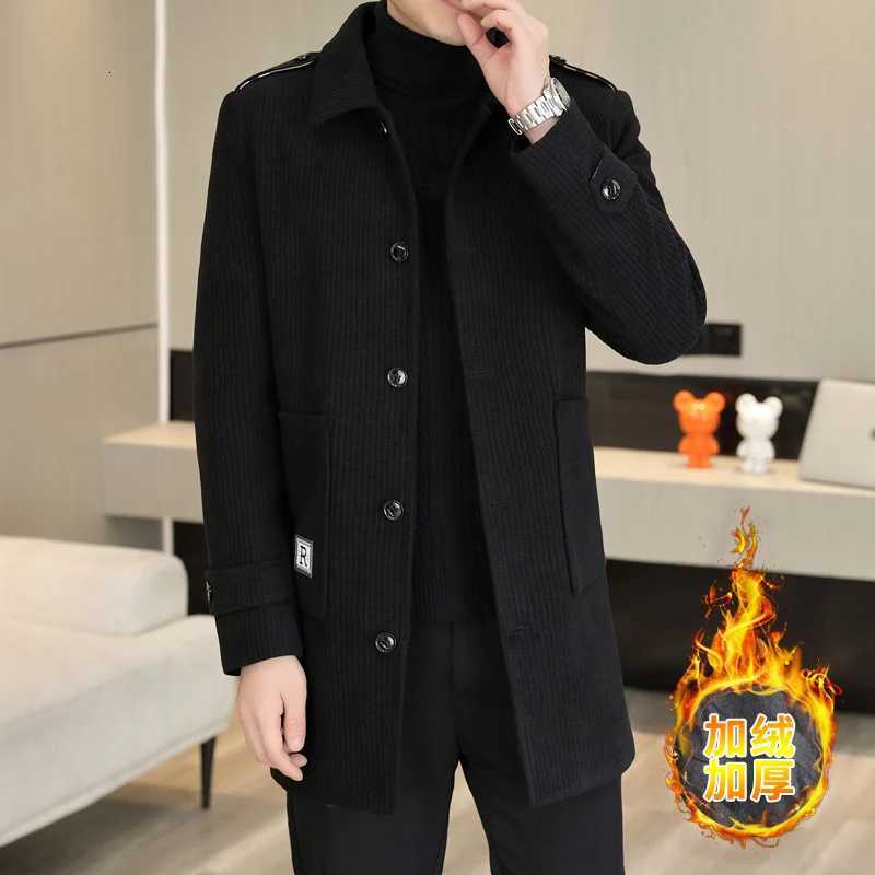 2023 Winter Medium Length Woolen Jacket for Men Plush and Thicken Trench Coat slim Casual Business Social Streetwear OvercoatT251125