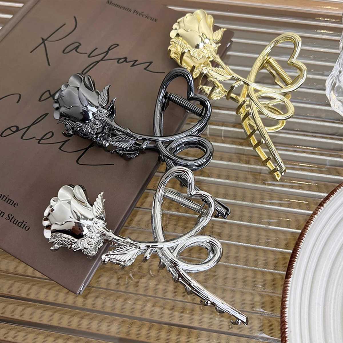 Retro style love rose big metal flat braid hair grab clip female head back shark clip headband accessoryT250425