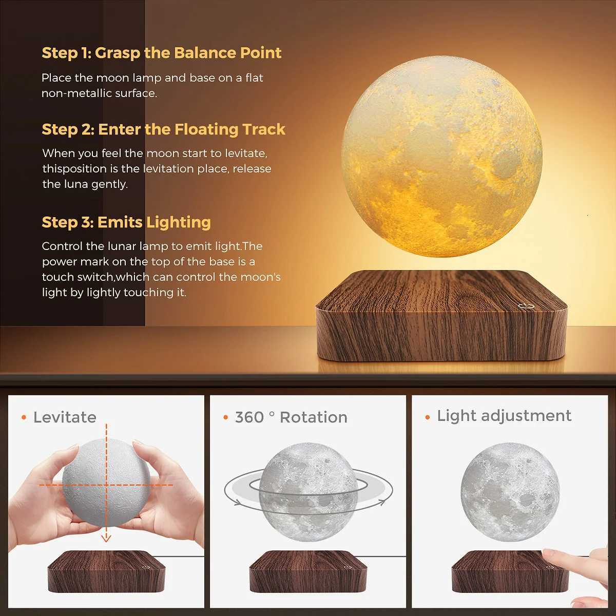 Levitating Moon Lamp Magnetic Floating Moon Lamp Spinning Luna Night Light with 3 Color Modes for Home Office Desk DecorM251125