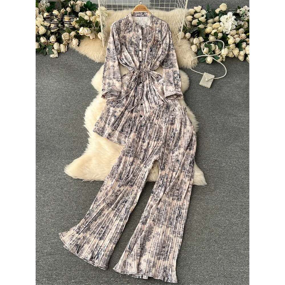 SINGREINY Pleated Two Piece Set Women Winter Sleeve Slim Long Top Elastic Waist Wide Leg Pants Fashion Streetwear Suit
