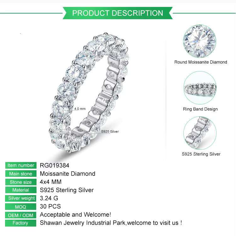 925 Sterling Silver VVS Moissanite Diamond Round Wedding Ring Full Eternity Band Engagement Ring Fine Jewelry 2mm 4mm
