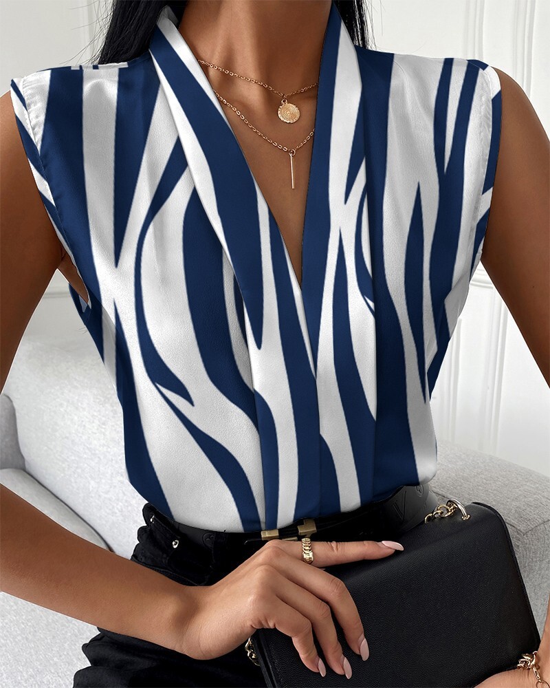 2023 Summer Fashion Casual Sleeveless V-neck Printed Shirt for Women