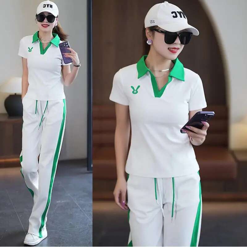 Women's Casual Sports Suit 2025 New Summer Spring Style Clothes Fashion Short Sleeve Lapel T-Shirt Wide Leg Pants Two Piece Set