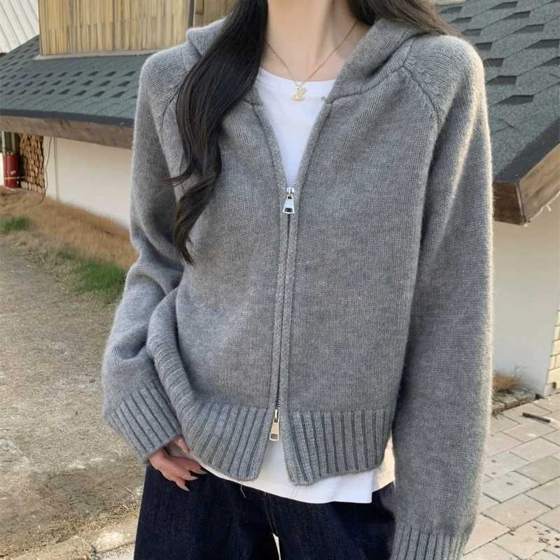2025 Autumn Winter Solid Color Straight Coat New Fashion Double Zipper Hooded Knitted Top Cardigan Womens Long Sleeve SweaterT251125