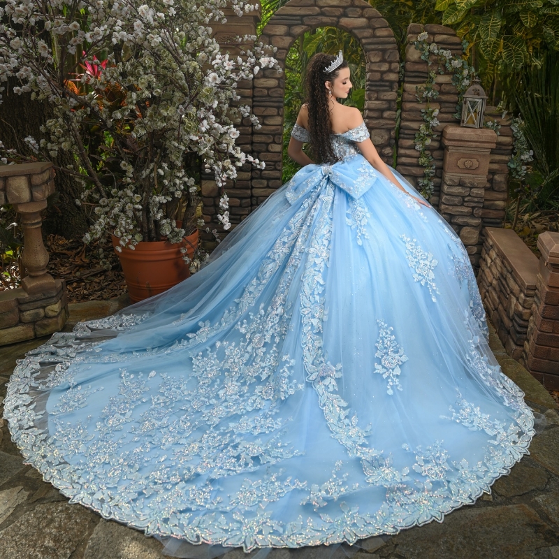 Sky Blue Quinceanera Dresses Off Shoulder Ball Gown Sweet 16 Dress Applique Lace Beads Bow Birthday Party Vestidos 15 De Anos