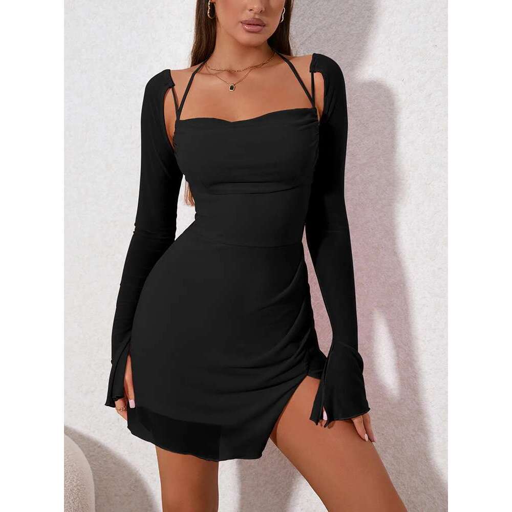 Designer Clothes Newasia Halter Flounce Sleeves Mesh Pink Dress Women Sexy Solid Backless Bandage Mini Vestido Summer Vacation Party Club