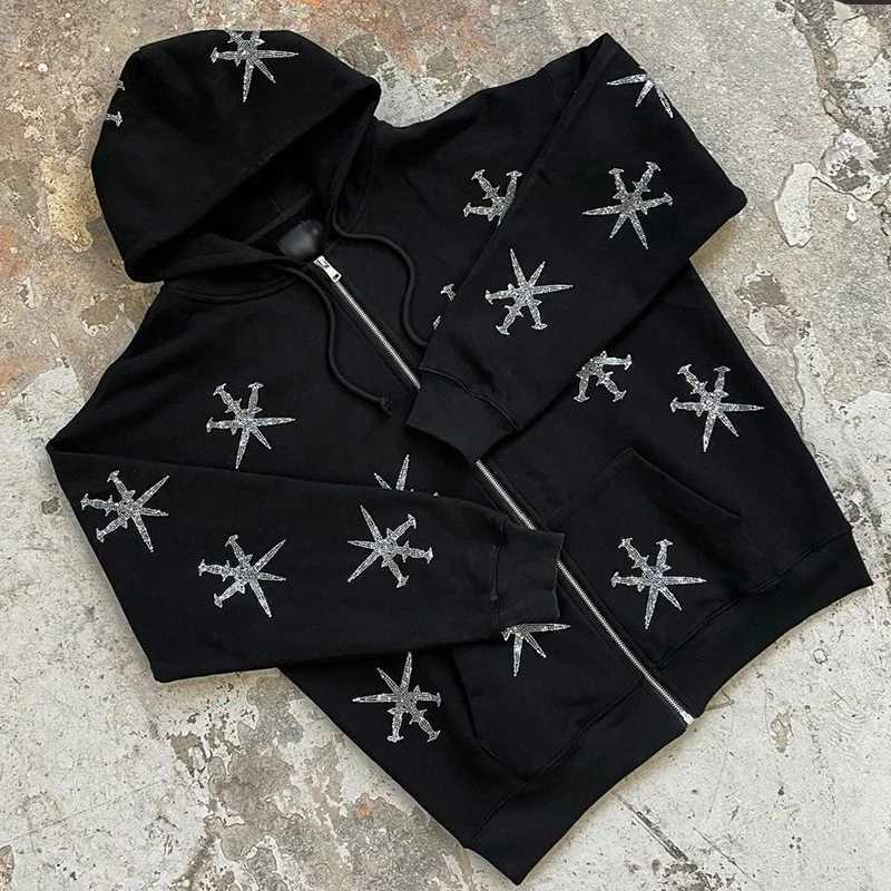 Y2k Fashion Rhinestone Full Zipper Hoodie Skeleton Gothic Sportswear Stretching Sve Black Hoodie Mens Sports Jacket Coat w250425