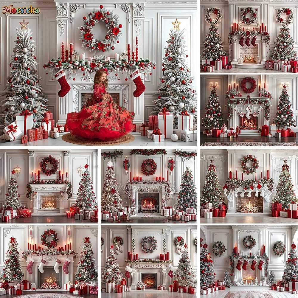 White Fireplace Photography Backdrop Christmas Red Garland Xmas Tree Candles Background Winter Retro Room Family Photo StudioM251125