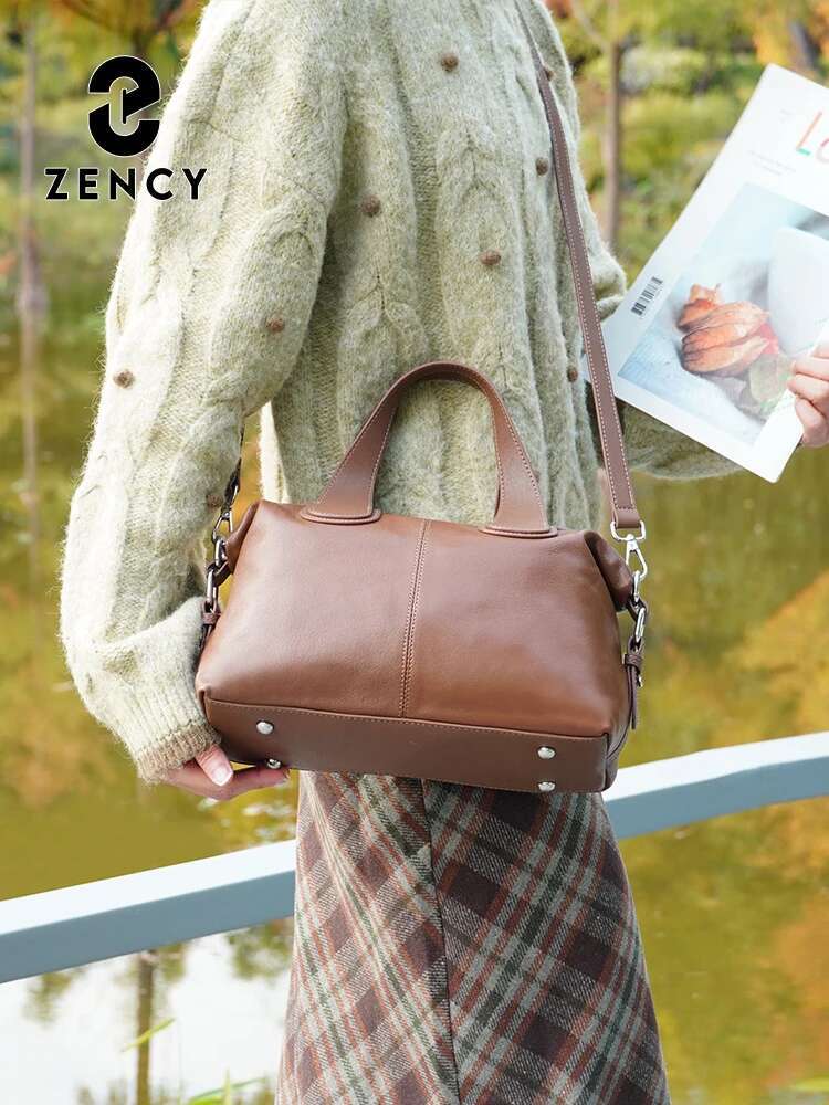 Zency Simple Solid Color Real Cowhide Shoulder Crossbody Bags Genuine Leather Women Handbag Casual Tote Vintage Coffee Bag 2025