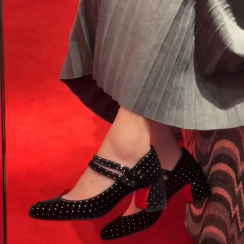 Women's Black White Dot Embellished Double Strap Mary Jane Block Heel Shoes, Party Casual Footwear---168-8