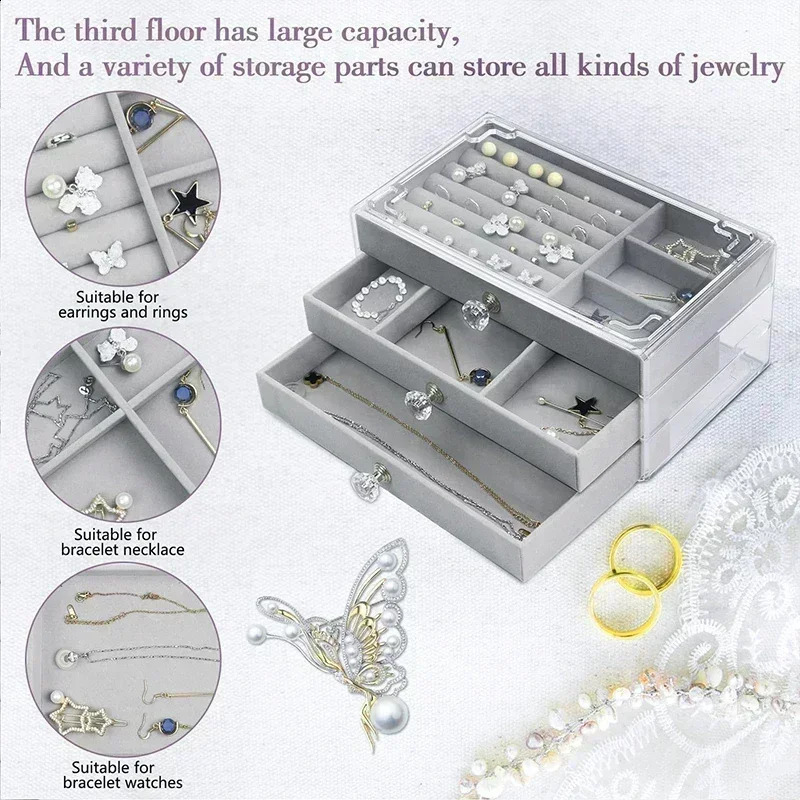 Acrylic Jewelry Organizer-3-5 Drawers Stackable Display Storage Earrings Necklace Velvet Bracelets Box Holder Case for Women 250424