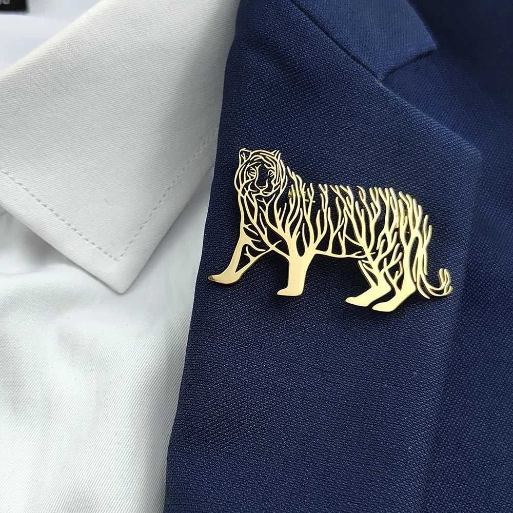 Creative hollow animal tiger life tree stainless steel gold-plated 18K brooch black suit accessories wedding matching set J251125
