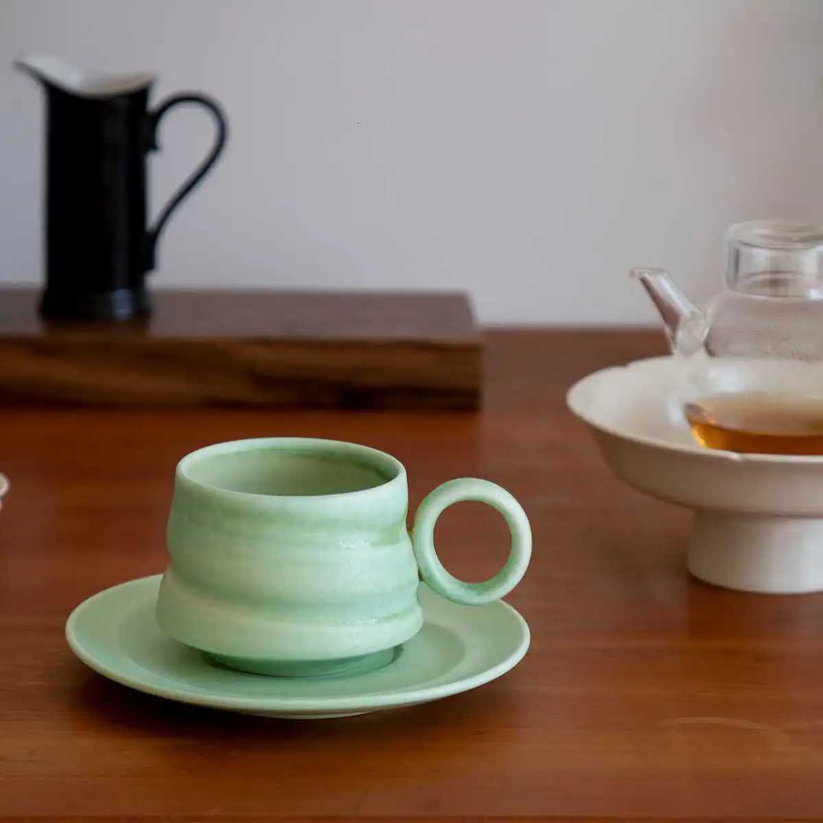 250ML Mint Green Matte Coffee Cup Plate Set Afternoon Tea Cup And Dish Sets Round Handle Water Cup Mug With Tray Y251125