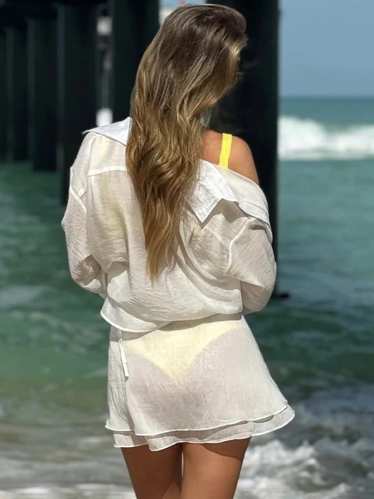 TARUXY Summer Beach Sunscreen Shirt Set Womens Long Sleeves See Through Casual Vacation Skiwear Swimsuit Cover 250422