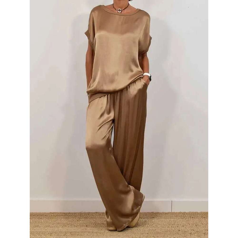 Spring Summer Fashion Smooth Satin Two Piece Sets Women's Outfits New O-Neck Short Sleeve Top Wide Leg Pant Casual Loose Suits
