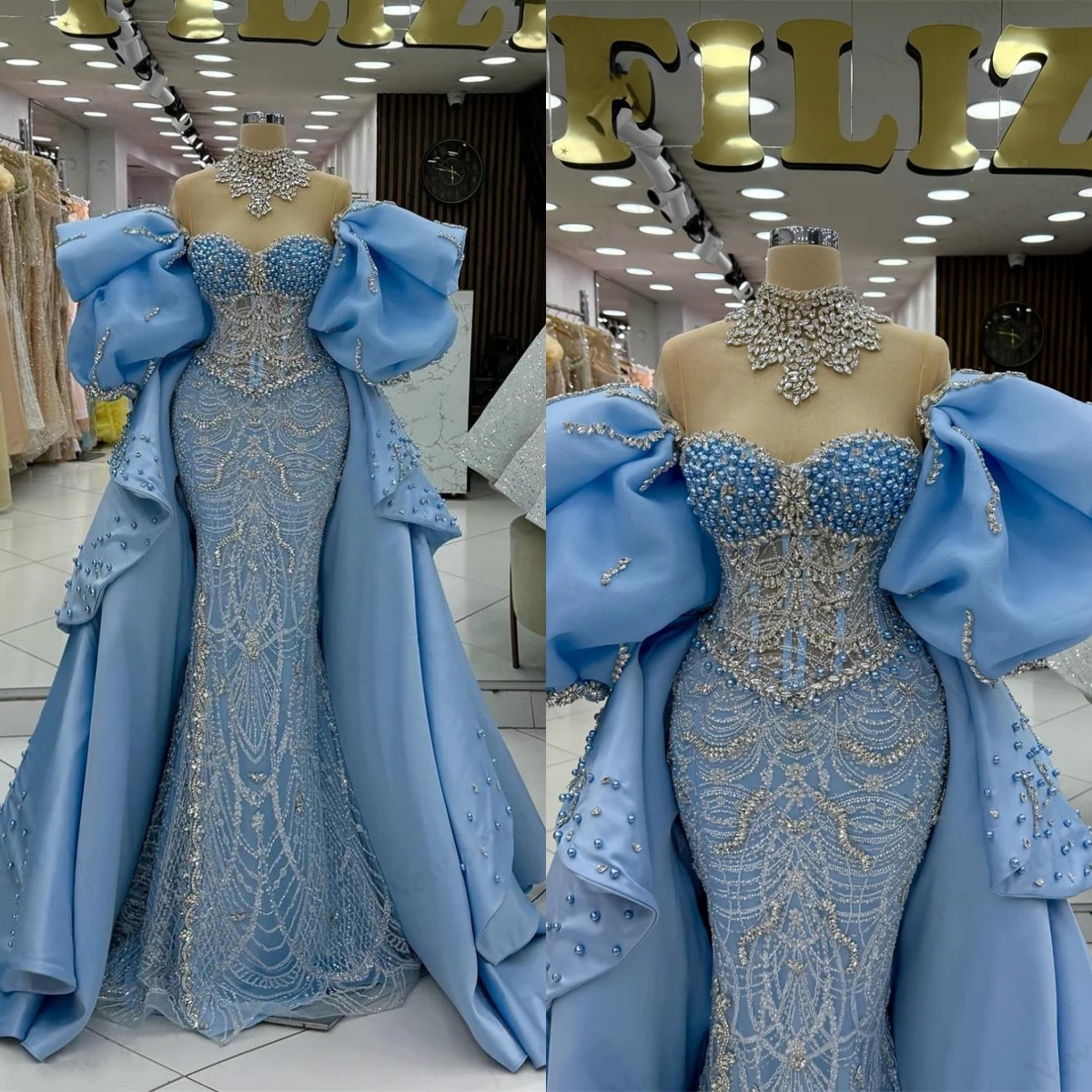 Gorgeous Crystal Pearls Evening Dresses High Neck Sequins Prom Gowns Detachable Train Beading Customized Vestidos De Noche Plus Size