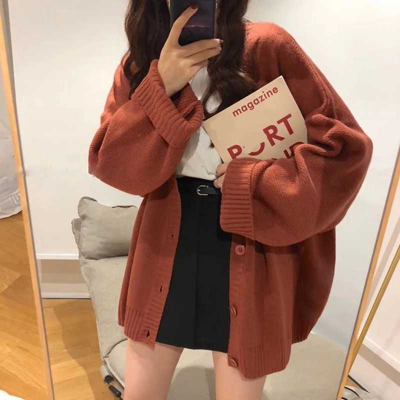 Korean Fashion Autumn Winter V-neck Cardigan Sweater Knitted Loose Casual Coats Office Long Sleeve Elegant Solid Color JacketsT251125
