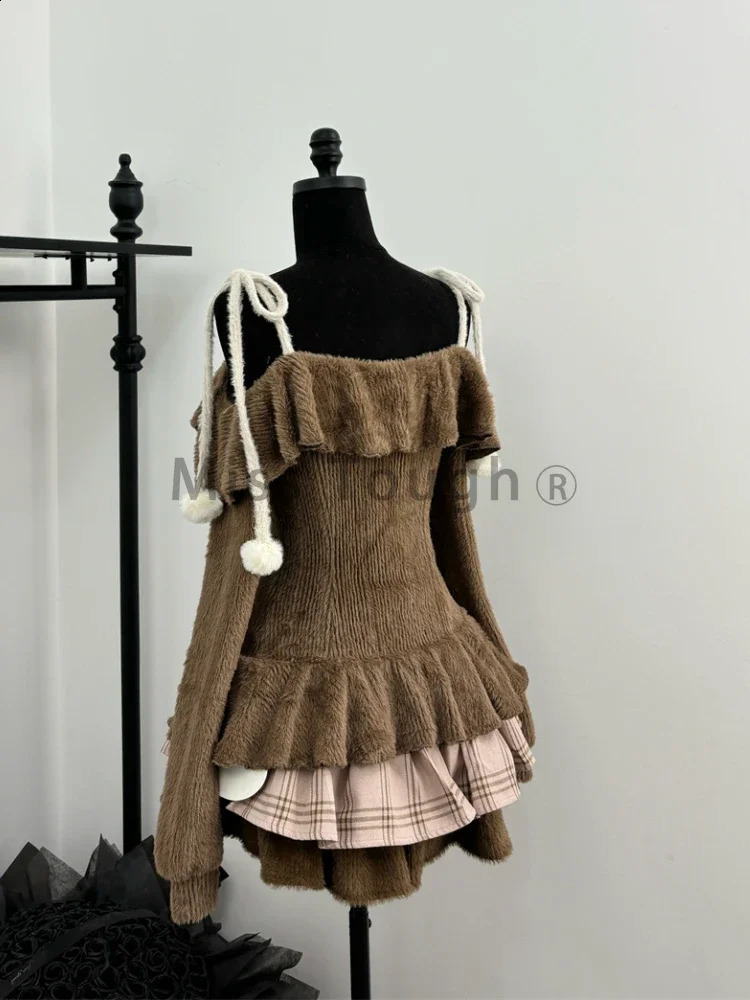 Sweet Kawaii 2-piece Japanese Womens Y2k Brown Retro TopChic Mini Cake Skin Female Princess Elegant Set Spring 250422