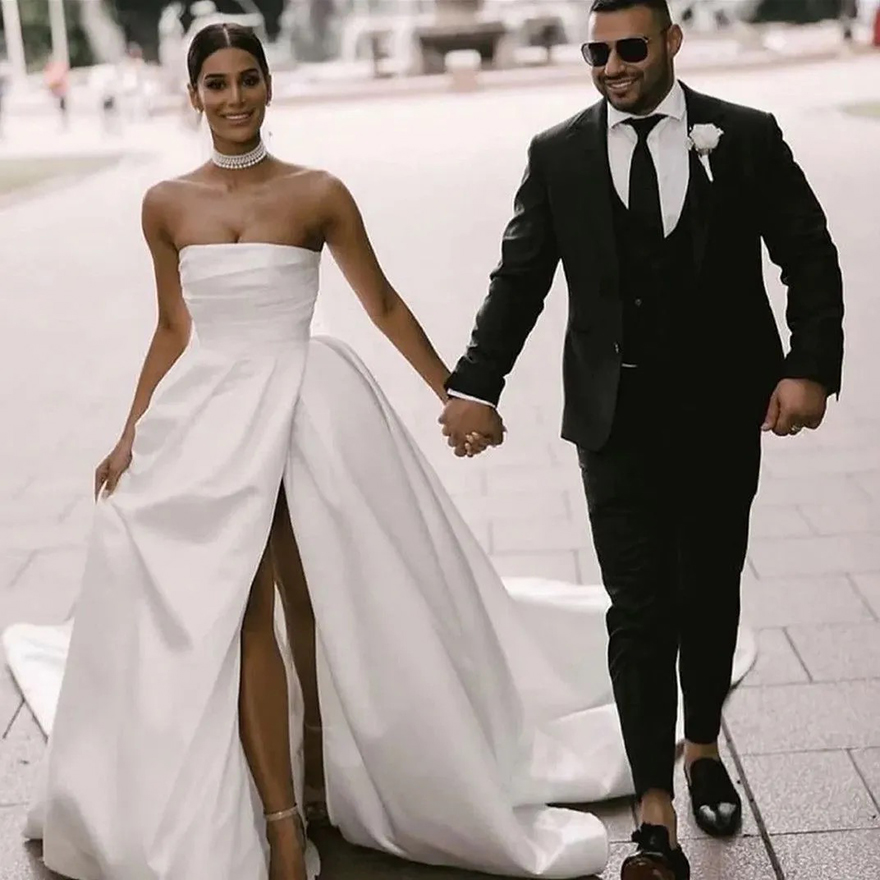 Elegant Satin Wedding Dress 2025 Simple Plain White Bridal Gown A-Line Side Slit Sweep Train Vestido de Novia Plus size