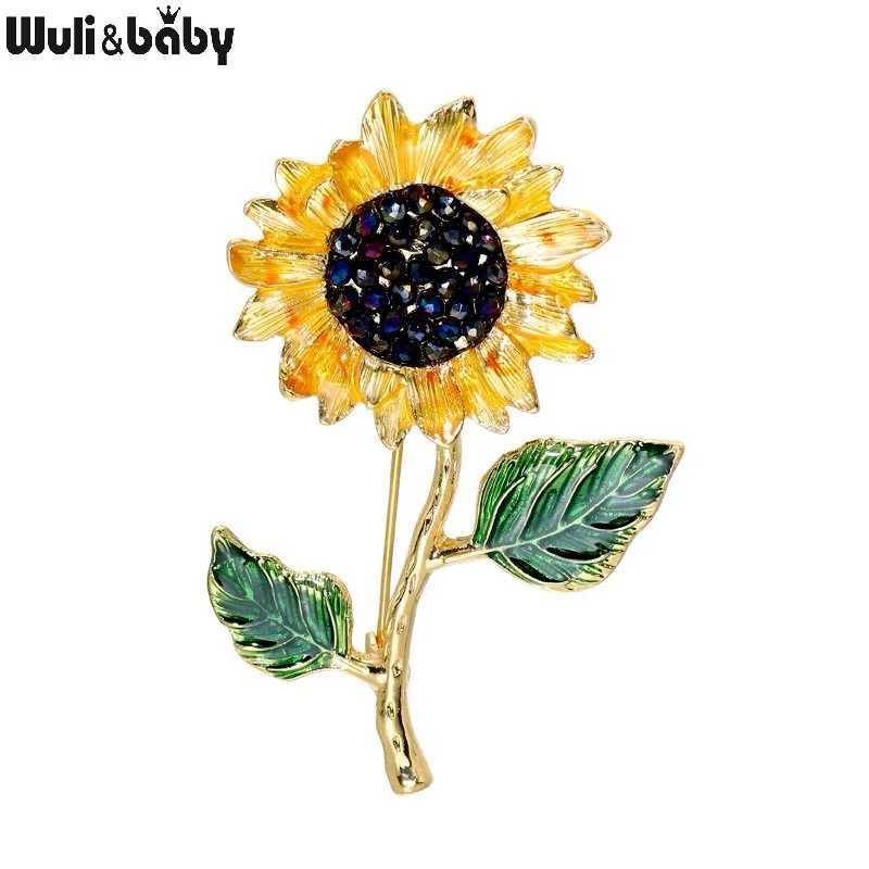 Wulibaby Enamel Sunflower 2 Leaf Brooch Pins For Women Fashion Jewelry 2021New Plant Brooches Gift J251125