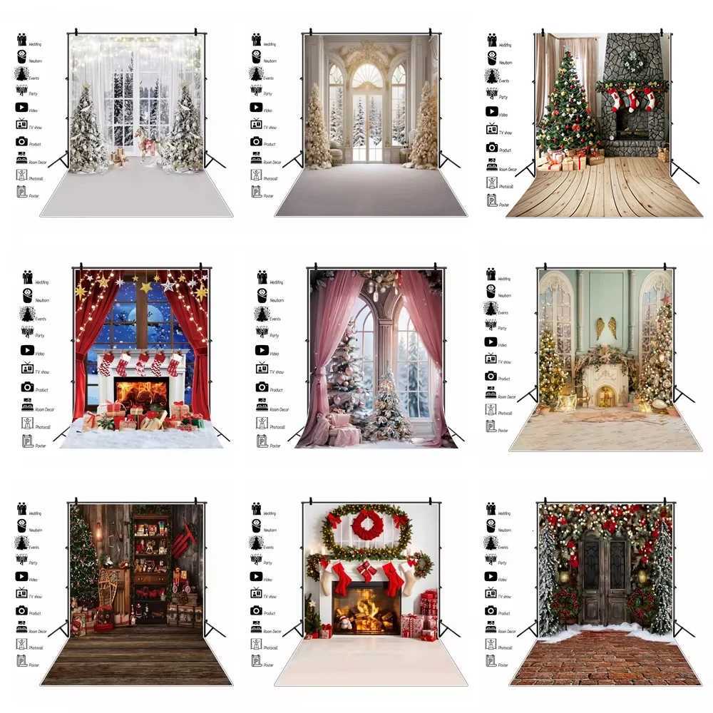 Winter Christmas Window Snow Photo Backdrop Pink Curtain Interior Xmas Tree Gift New Year Party Decor Photography BackgroundM251125