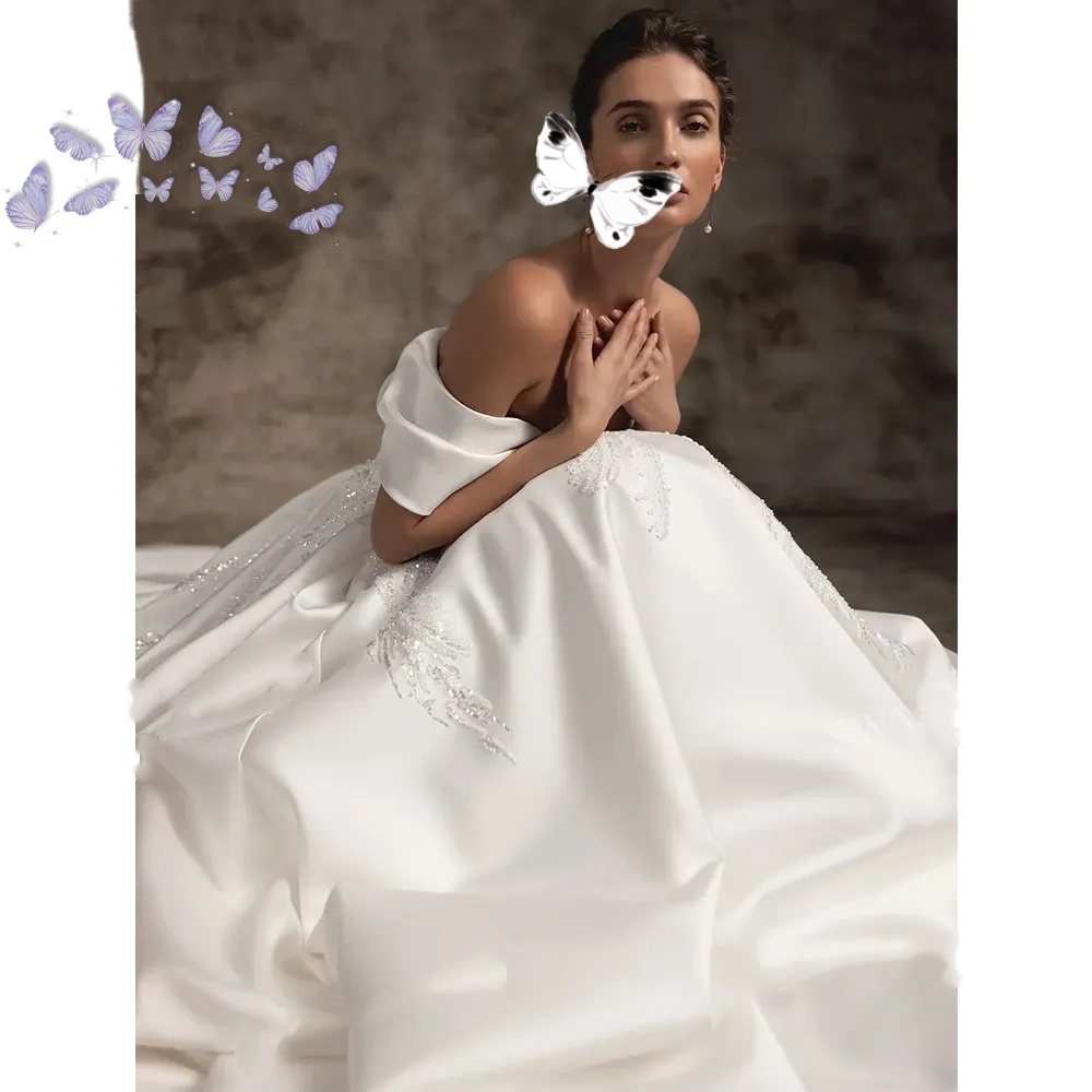 Off Shoulder Princess Wedding Dresses Satin Beading A-Line Court Train Customized Appliques Bridal Gowns Vestido De Novia Plus Size