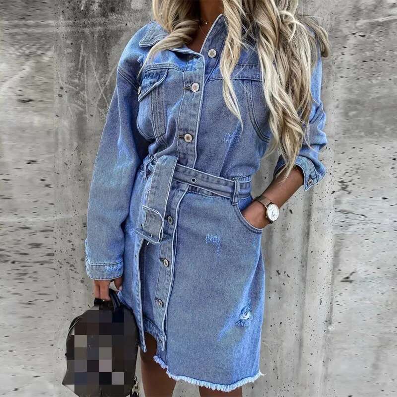 Dongdumaoyi Spring Denim Lapel Long Sleeve Single Breasted Slim Women S Clothing Fashion Dress C