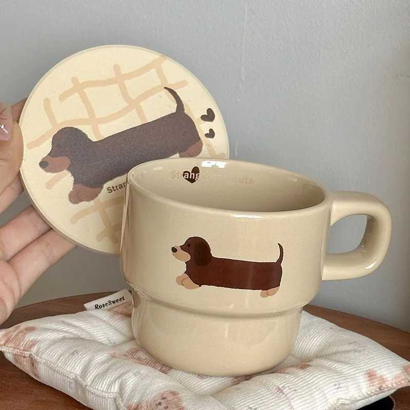 Cute Puppy Cartoon Cup with Coaster Cute Dachshund Cup Mat Ceramic Mug Water cup Breakfast Milk Mug Creative Christmas Gift Y251125