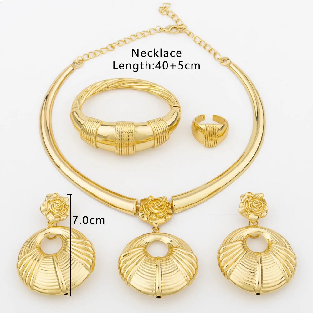 African 18k Gold Plated Jewelry Set for Women Hoop Earrings and Pendant Set Italian Gold Color Weddings Bangle Ring Jewellery 250417