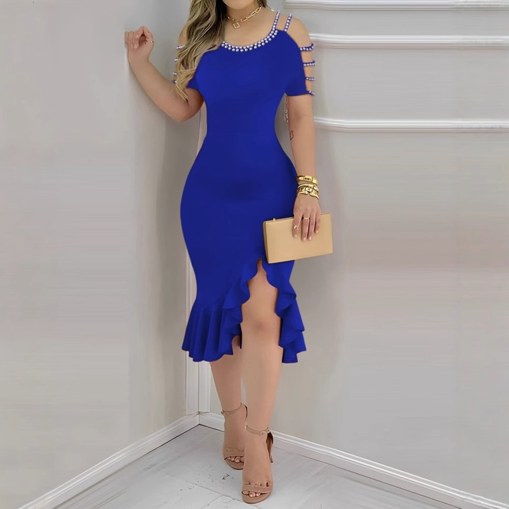 2024 Summer Tight Ruffle Split Pearl Decorative Dress for Women
