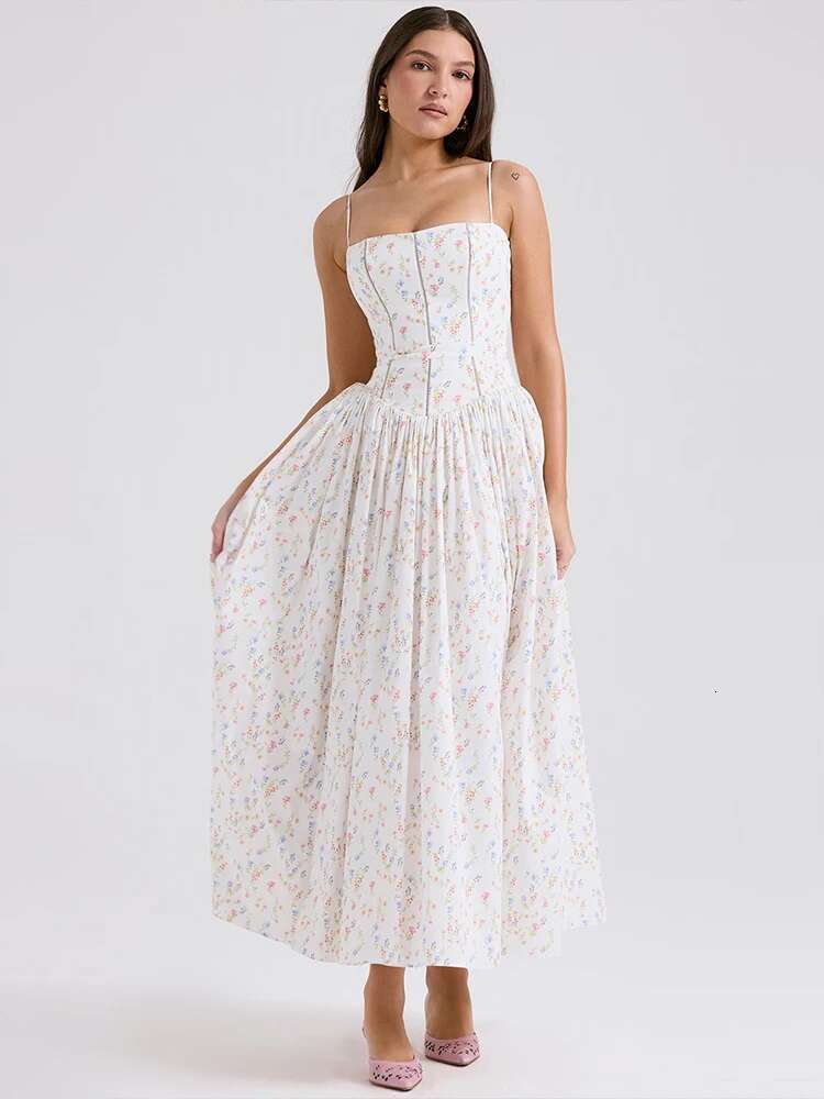 Dongdumaoyi Townlike Print Waist Wrap A Line Dress Women Spaghetti Strap Summer Backless Sexy Party Maxi Long Dresses Elegant