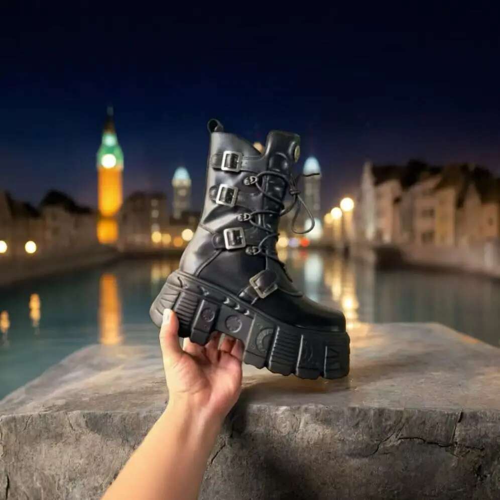 Spanish Punk Rocker Above Ankle Motorcycle Metallic Flames Mid-Calf Thick Platform Boots For Men And Women