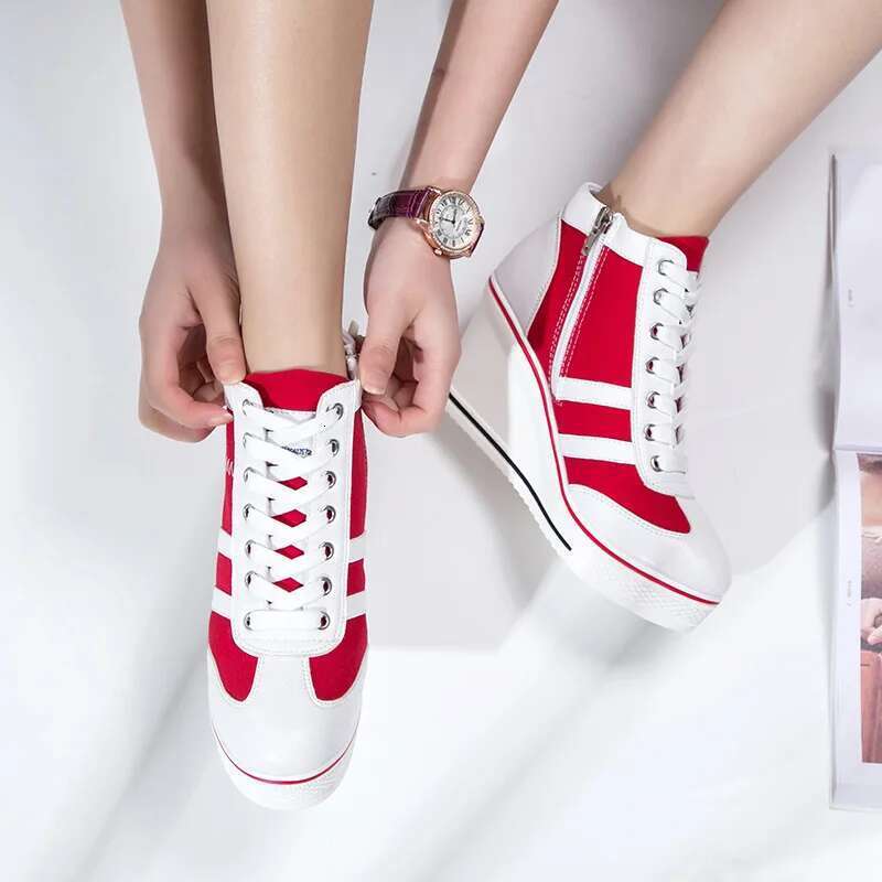 Spring and autumn new side link lace-up muffin wedge ed canvas heightened high heel casual large size women's shoes