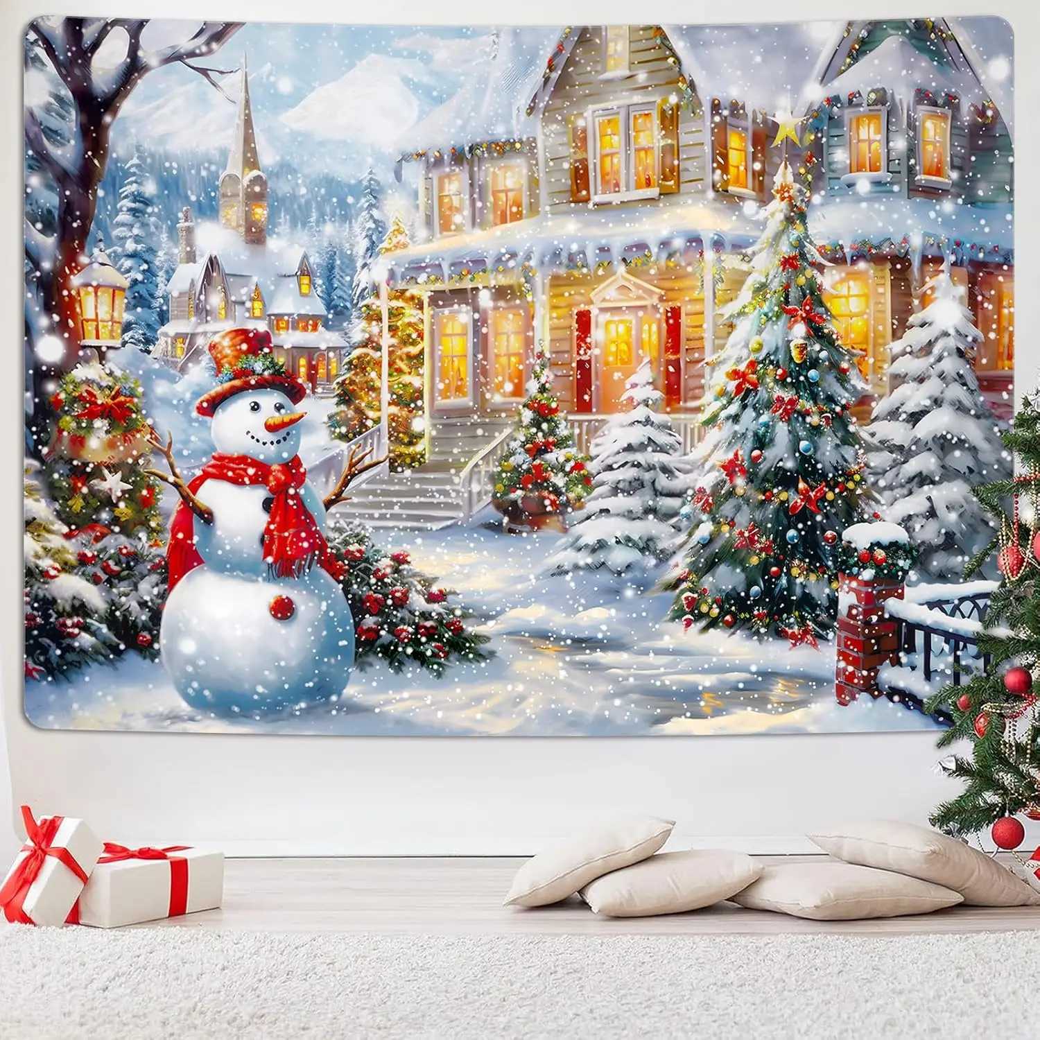Krelymics Christmas Tapestry Xmas Tree Tapestries Snowman Tapestry Snow Happy New Year Backdrop Decor Winter Warm House TapestryM251125