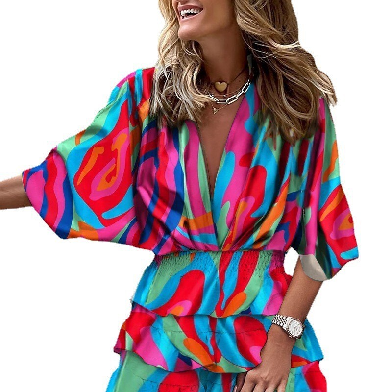 2022 autumn bat sleeve V-neck hem irregular dress womens wear