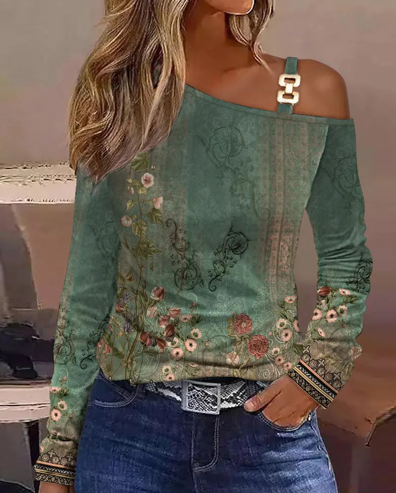 2023 Autumn Simple Metal Buckle Oblique Shoulder Collar Shirt Womens Wear