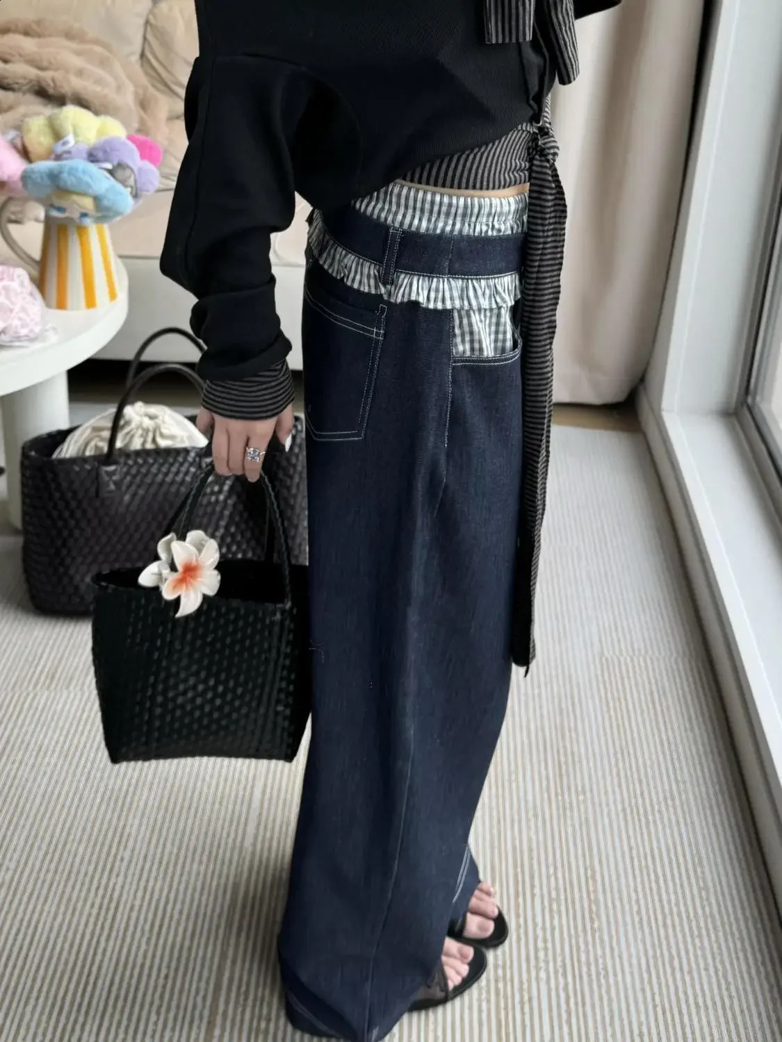 American retro washed plain waist black fungus edge patchwork jeans suitable for womens high street loose straight leg pants 250422