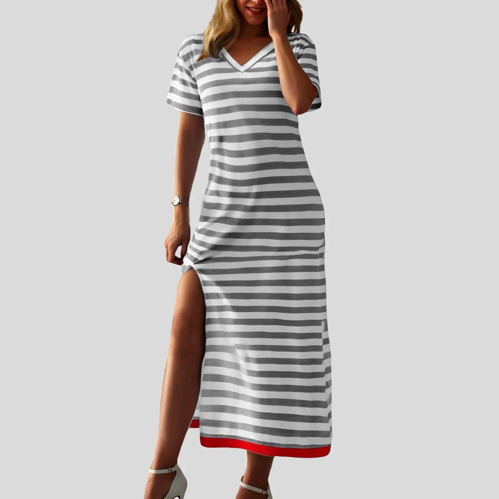 Dongdumaoyi Summer Women Dress Side Split V Neck Short Sleeves Mid Calf Midi Casual Color Matching Length Slim Fit Lady