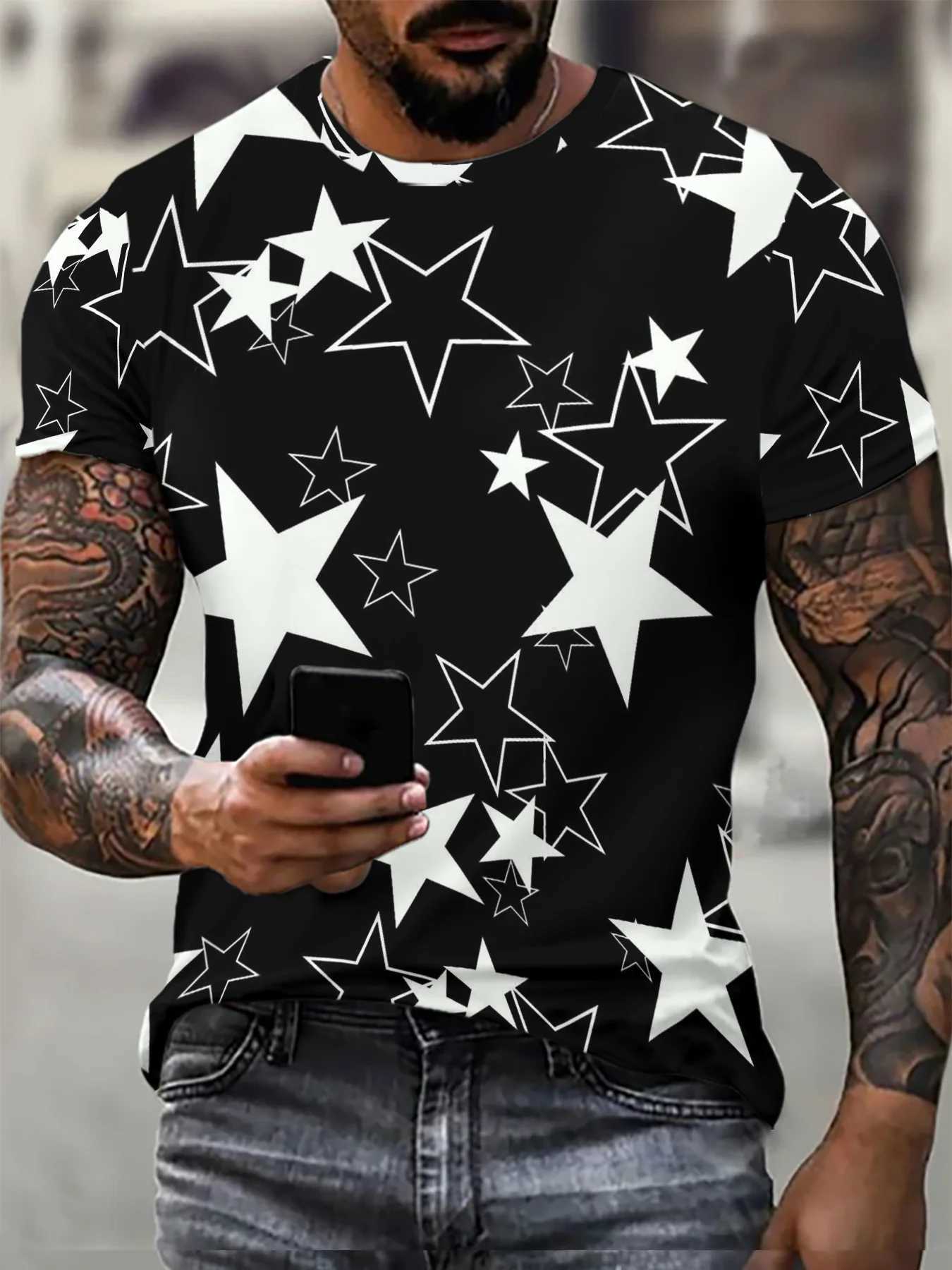 Fashionable contrasting colors celebrity graphic patterns crew collar and short sleeved T-shirt casual trendy top for men summer daily top W250425