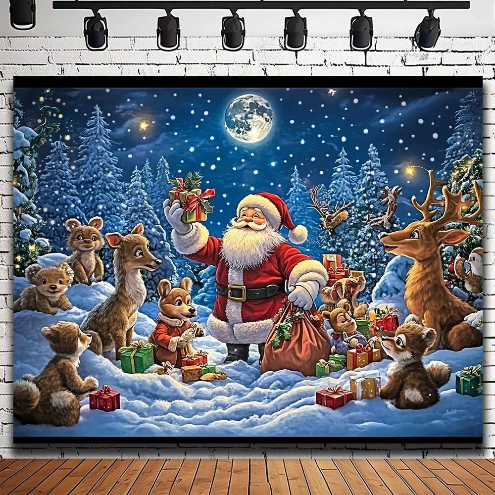 1pc Santa Claus and Reindeer Christmas Tapestry with Snow Scene Elf Deer Decor Christmas Tree Door PartyOrnaments BackdropFabricM251125