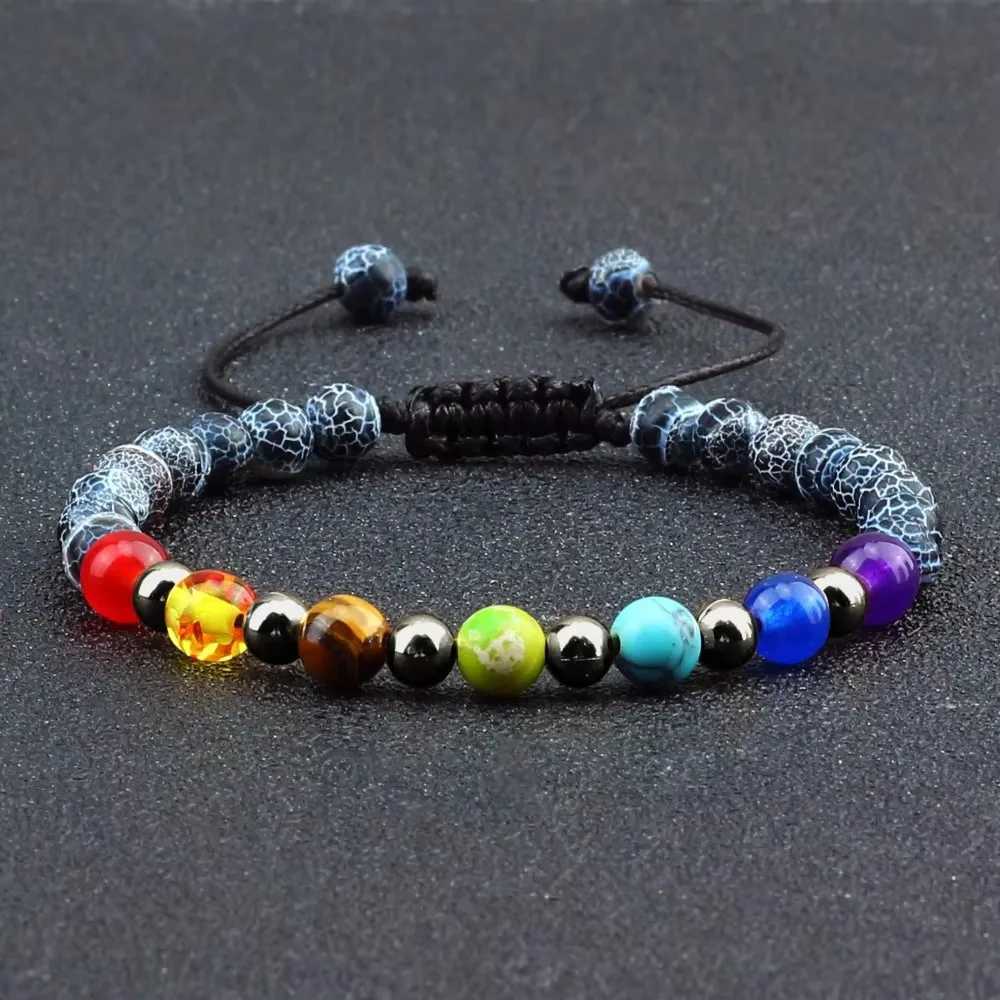 New Budda 7 Chakra Natural Stone Braided Bracelet 6mm Black Gallstone Black Line Lava Beads Bangle Chain Adjustable Jewelry Gift J251125