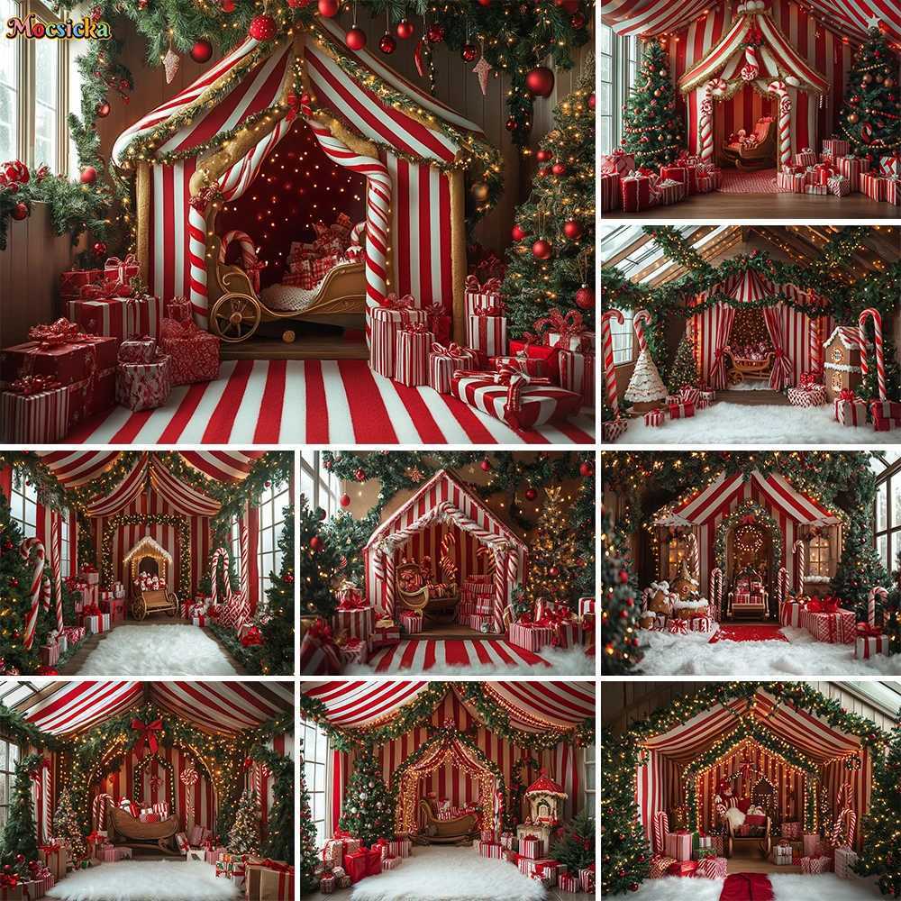 Christmas Candy Cane Tent Background Photography Xmas Gifts Sleigh Pine Tree Gift Backdrop Decor Kids Indoor Winter PhotoboothM251125