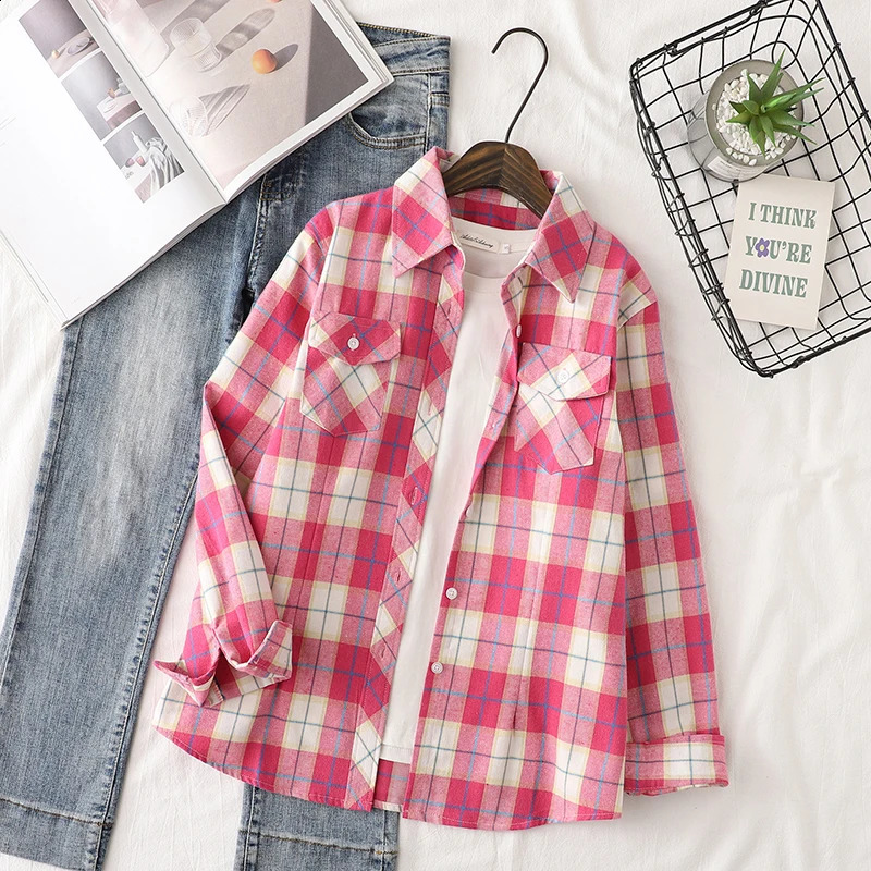Cotton flannel plain weave womens shirt autumn item womens casual slim fit long sleeved shirt and top womens checkered clothing 250418